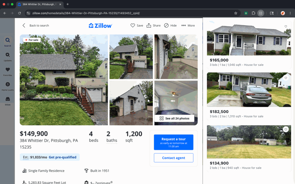 Animated demo: CashFlowPanel opens beside a Zillow listing and fills in rent, cash flow, and cash-on-cash return