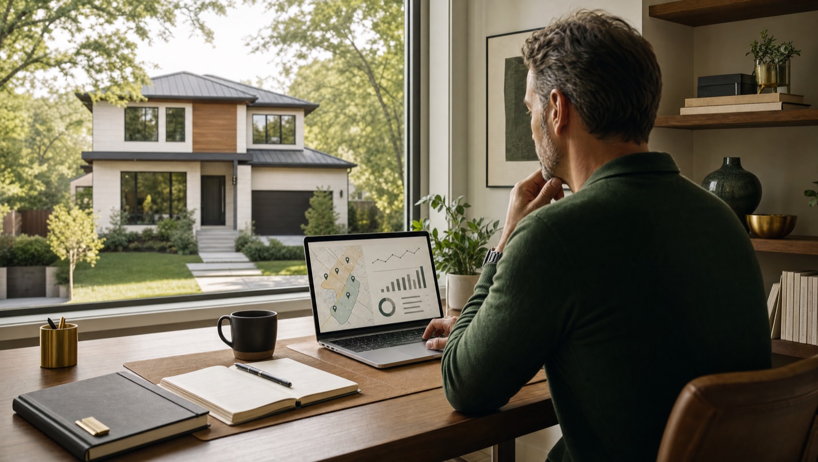 A rental property investor reviewing local rent-comparison charts beside a modern house